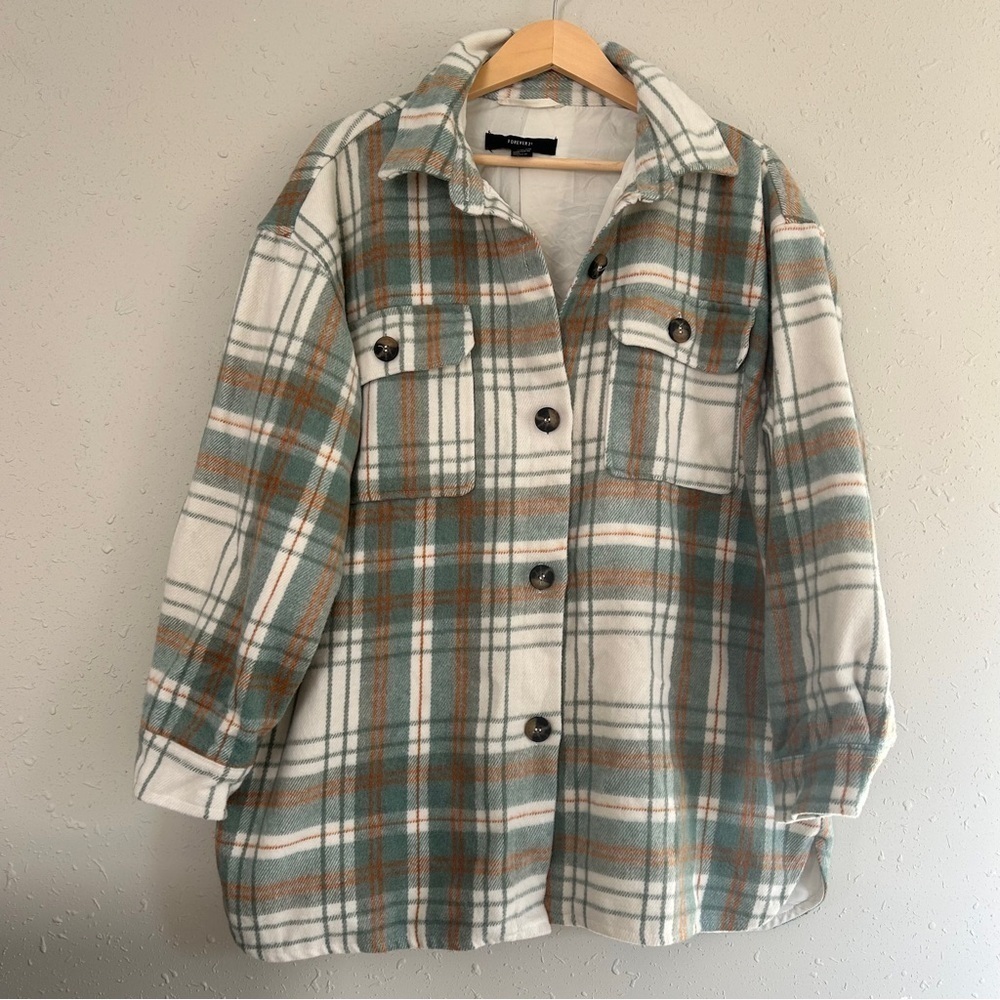 Forever 21 Cream Green Flannel Shacket Jacket Button Down Fall Comfy Oversized - Picture 1 of 6